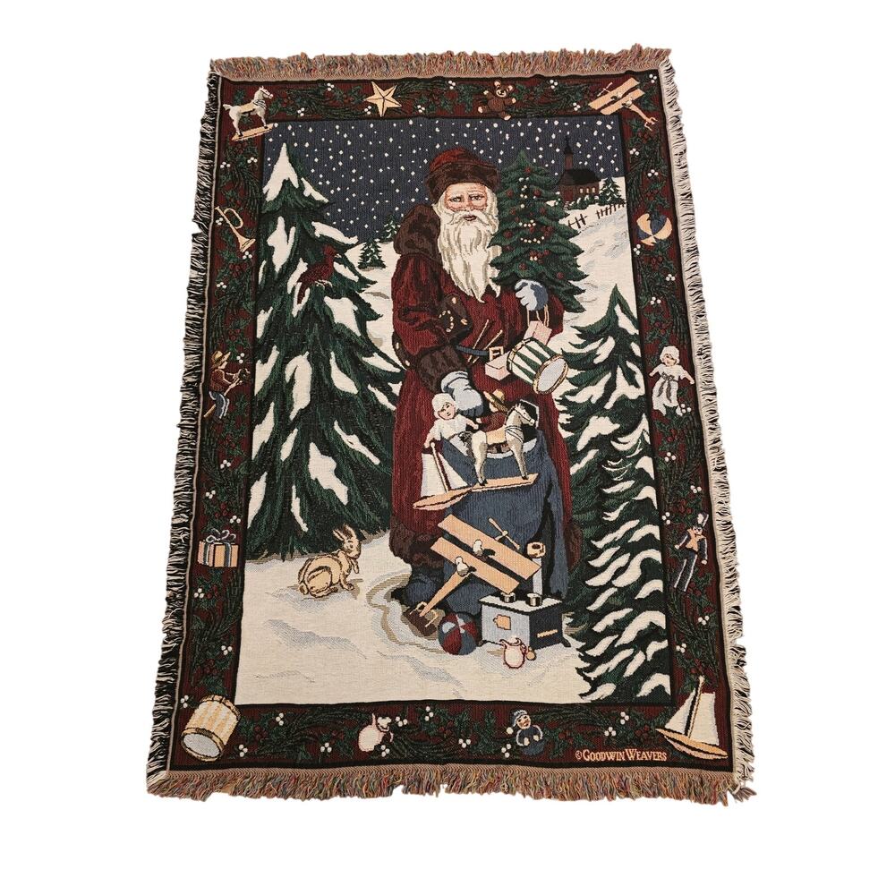 Vintage Goodwin Weavers Blanket Throw Santa Christmas Holiday Tapestry 65"x44"